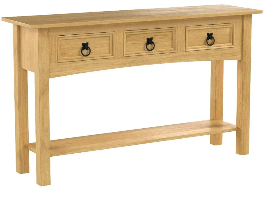 Rectangular Corona Console Table, 3 Drawer With Shelf for Extra Storage, Solid Pine Wood, Dimensions (LWH) 124 x 35 x 73 cm