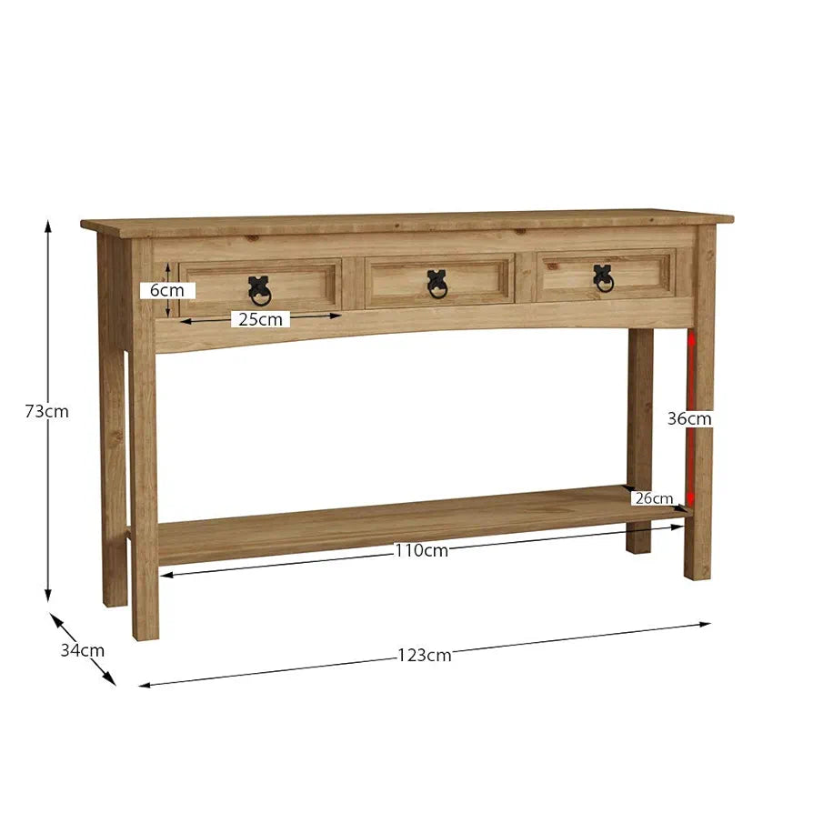Rectangular Corona Console Table, 3 Drawer With Shelf for Extra Storage, Solid Pine Wood, Dimensions (LWH) 124 x 35 x 73 cm