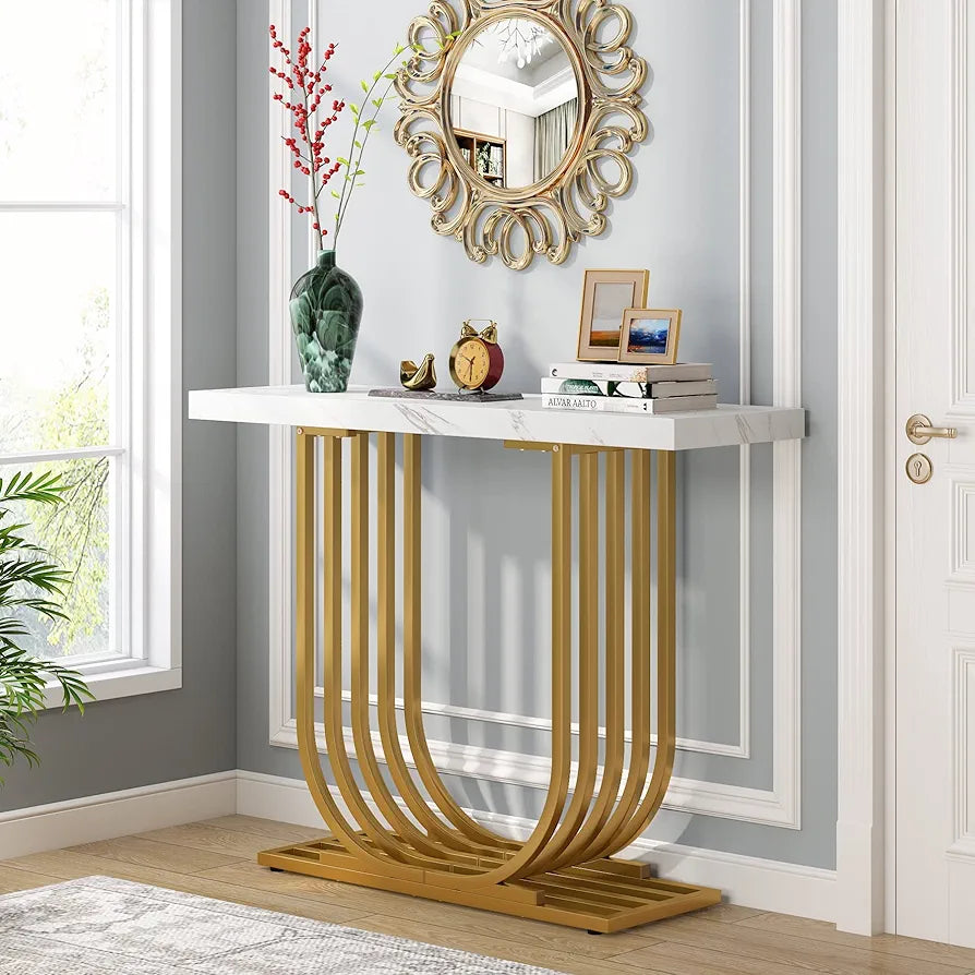 Console Table with Gold Base, 39.4 Inch Faux Marble Entryway Foyer Table, Narrow Modern Hallway Table with Geometric Metal Legs for Living Room, Hallway, Entrance, White & Gold