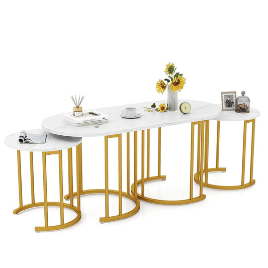 Nesting Coffee Tables Set of 3, Faux Marble Stacking End Sofa Side Table with Storage, Modern Metal Frame Tea Accent Cocktail Center Tables for Living Room Bedroom Office, White+Gold
