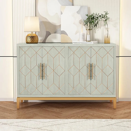 Wooden Kitchen Sideboard, Cabinet Storage Cupboard with 4 Doors, Modern Storage Cabinet with Gold Trim, Buffet Cabinet for Living Room, Kitchen, Dining Room, Hallway,Green