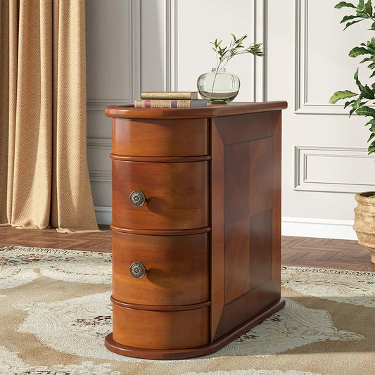 Solid Wood Side Table, 2-Drawer Narrow End Table Slim Chair Side Table, Bedside Tables, No Assembly Required, Finished Back, Walnut