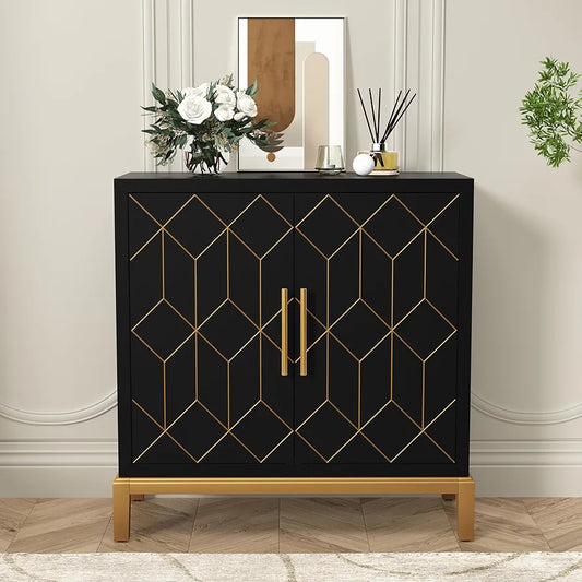 Wooden Kitchen Sideboard, Cabinet Storage Cupboard with 4 Doors, Modern Storage Cabinet with Gold Trim, Buffet Cabinet for Living Room, Kitchen, Dining Room, Hallway,