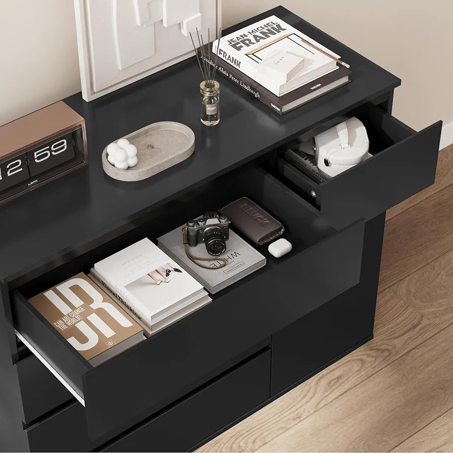 Bedroom Chest of Drawers Black Chest of Drawers with 5 Drawers 1 Door Large Storage Cabinet Dresser Wide Sideboard for Living Room Hallway 100x40x80cm