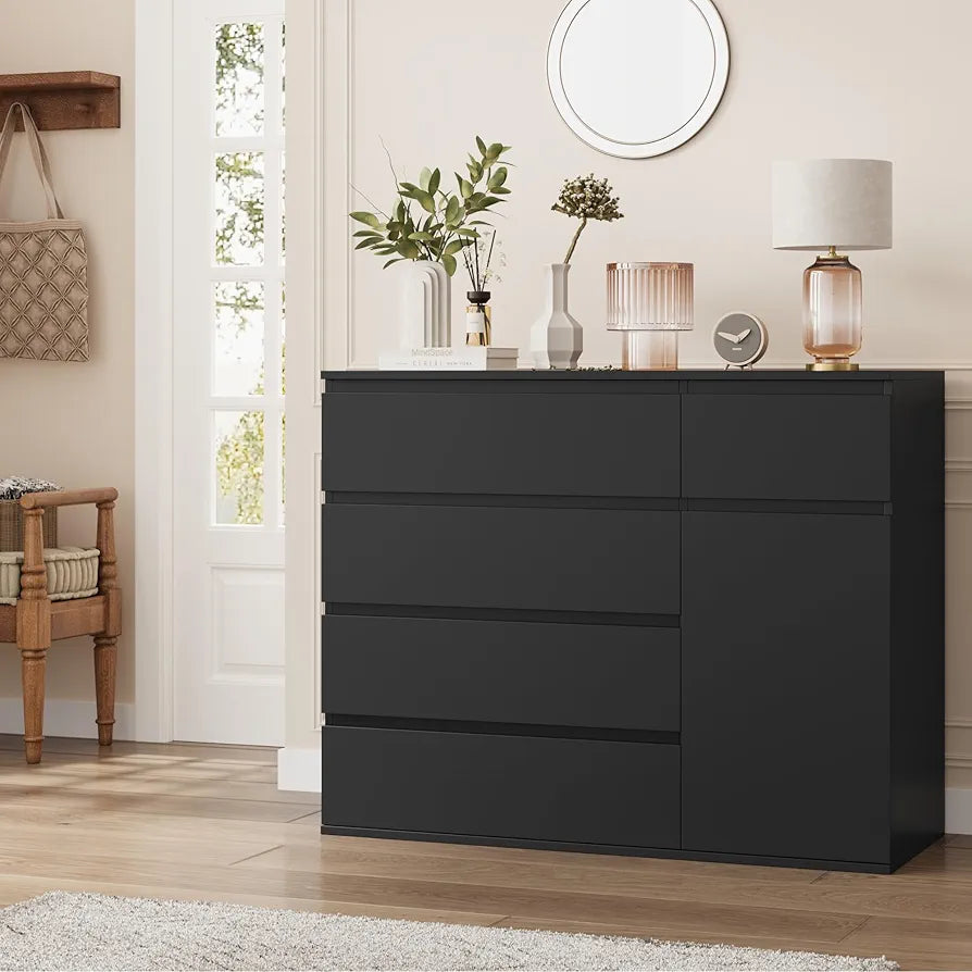 Bedroom Chest of Drawers Black Chest of Drawers with 5 Drawers 1 Door Large Storage Cabinet Dresser Wide Sideboard for Living Room Hallway 100x40x80cm