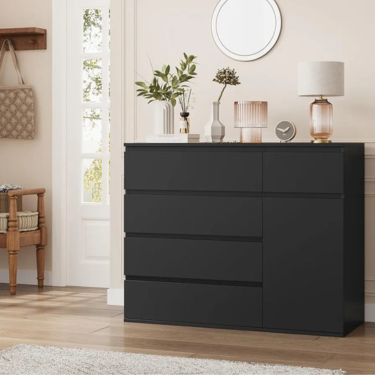 Bedroom Chest of Drawers Black Chest of Drawers with 5 Drawers 1 Door Large Storage Cabinet Dresser Wide Sideboard for Living Room Hallway 100x40x80cm