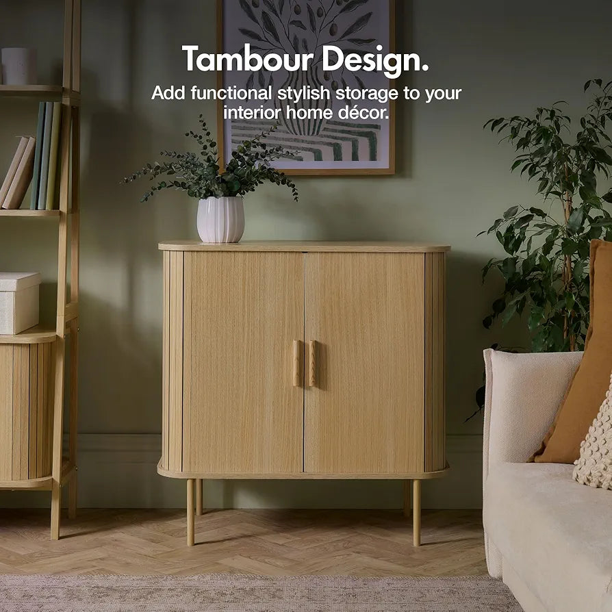 Sideboard for Living Room - Tambour Cabinet with Sliding Doors & 3 Shelves - Modern Scandi Look Living Room Storage Cupboard - Light Wood Effect Slatted Side Board for Hallway