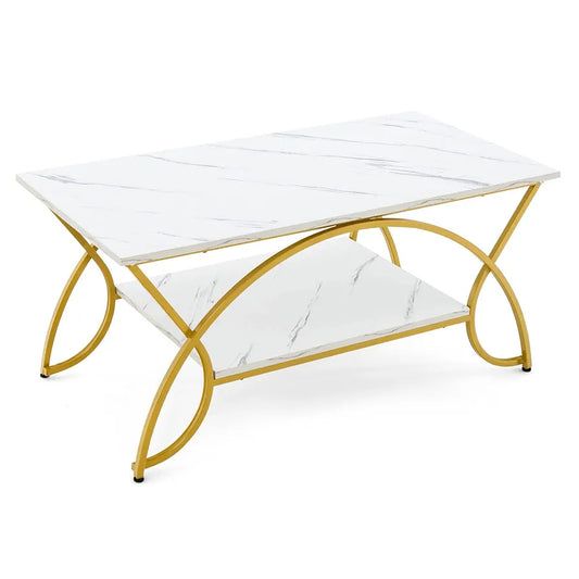 2-Tier Coffee Table, Marble Effect/Vintage Cocktail Center Table with Storage Shelf, Metal Frame Wooden Accent Sofa Side Tea Table for Living Room, Bedroom and Office (Golden & White)
