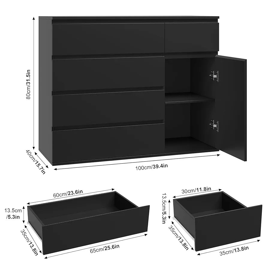 Bedroom Chest of Drawers Black Chest of Drawers with 5 Drawers 1 Door Large Storage Cabinet Dresser Wide Sideboard for Living Room Hallway 100x40x80cm