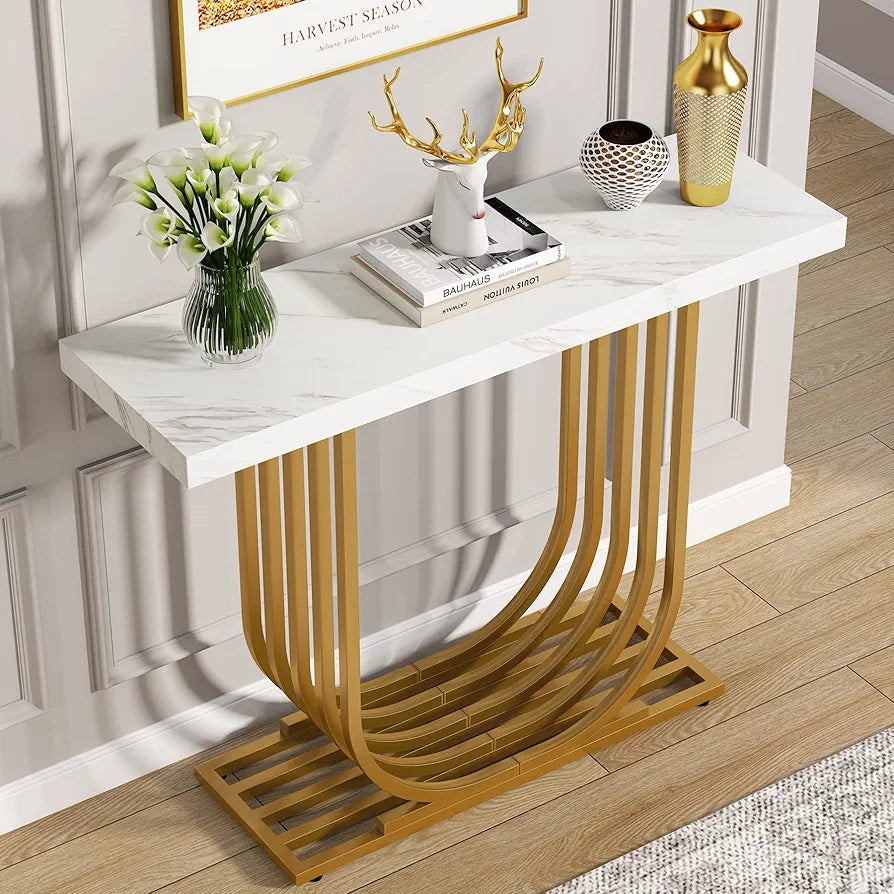 Console Table with Gold Base, 39.4 Inch Faux Marble Entryway Foyer Table, Narrow Modern Hallway Table with Geometric Metal Legs for Living Room, Hallway, Entrance, White & Gold