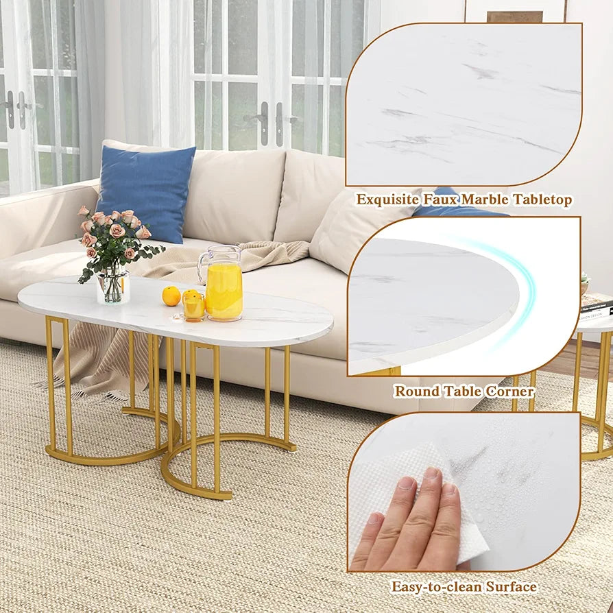 Nesting Coffee Tables Set of 3, Faux Marble Stacking End Sofa Side Table with Storage, Modern Metal Frame Tea Accent Cocktail Center Tables for Living Room Bedroom Office, White+Gold
