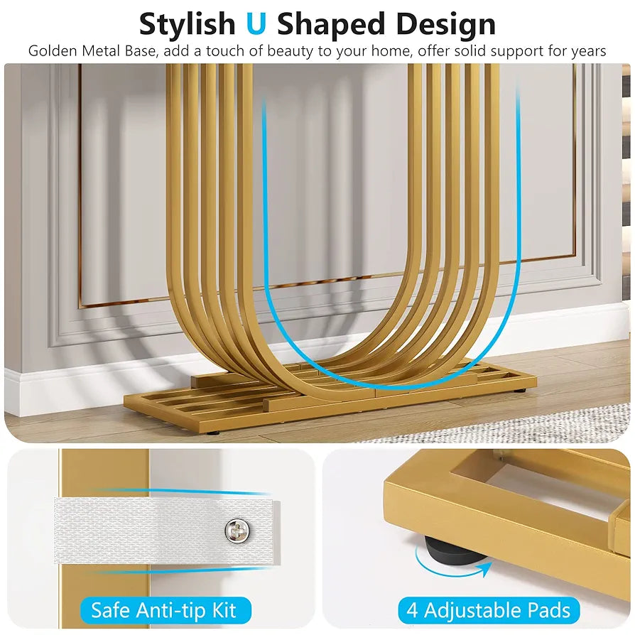 Console Table with Gold Base, 39.4 Inch Faux Marble Entryway Foyer Table, Narrow Modern Hallway Table with Geometric Metal Legs for Living Room, Hallway, Entrance, White & Gold