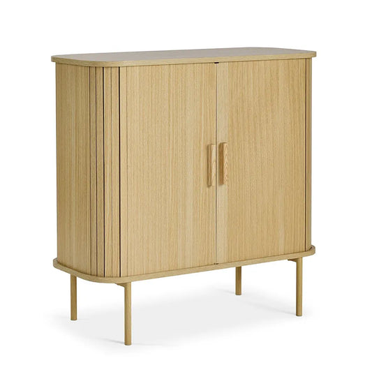 Sideboard for Living Room - Tambour Cabinet with Sliding Doors & 3 Shelves - Modern Scandi Look Living Room Storage Cupboard - Light Wood Effect Slatted Side Board for Hallway