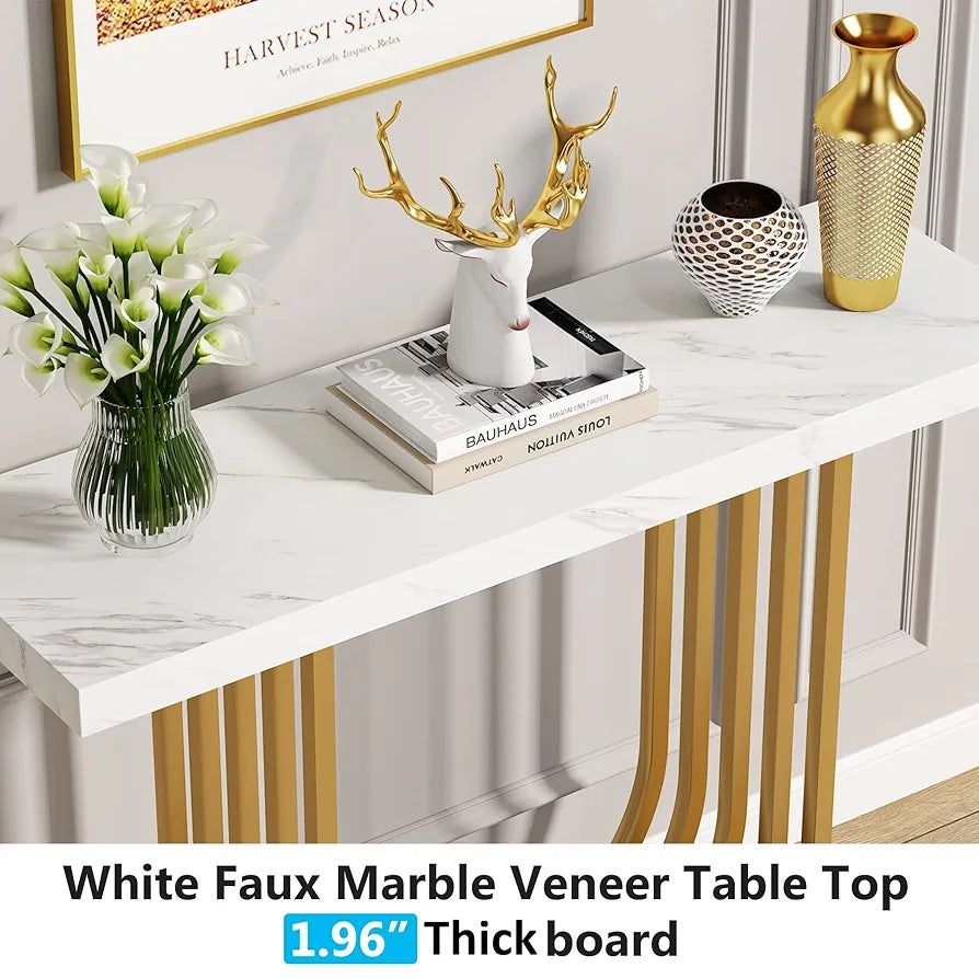 Console Table with Gold Base, 39.4 Inch Faux Marble Entryway Foyer Table, Narrow Modern Hallway Table with Geometric Metal Legs for Living Room, Hallway, Entrance, White & Gold